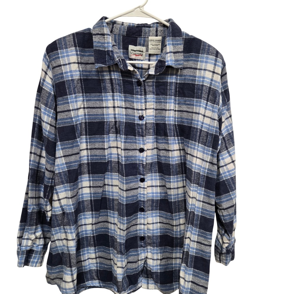New Addition‎ Maternity Plaid Flannel Shirt Women's Large Blue White Long Sleeve